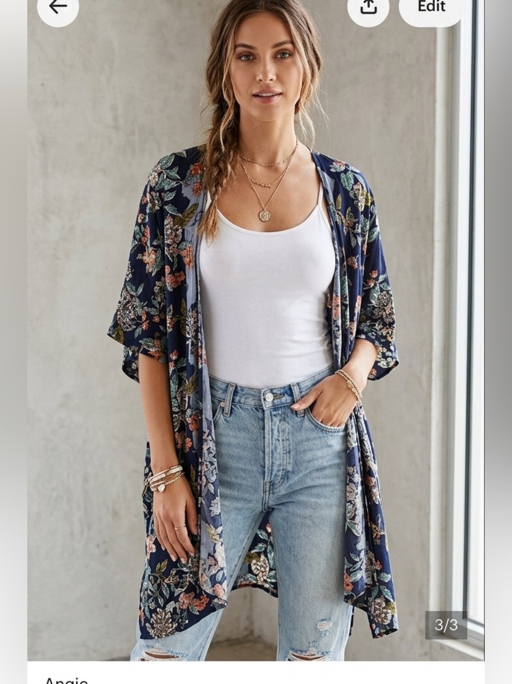 Angie‎ Floral Kimono Duster Navy Blue Rayon Boho Open Front Cardigan Small